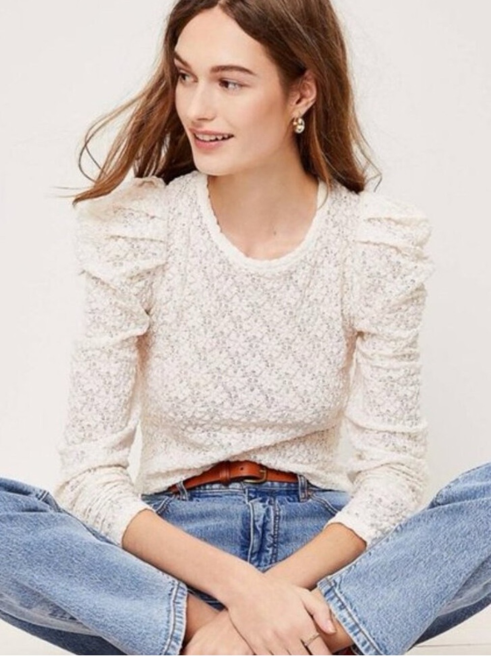 Loft Lace Pleated Puff Sleeve Top Dainty Cream Long Sleeve Blouse Womens Medium - Picture 8 of 8